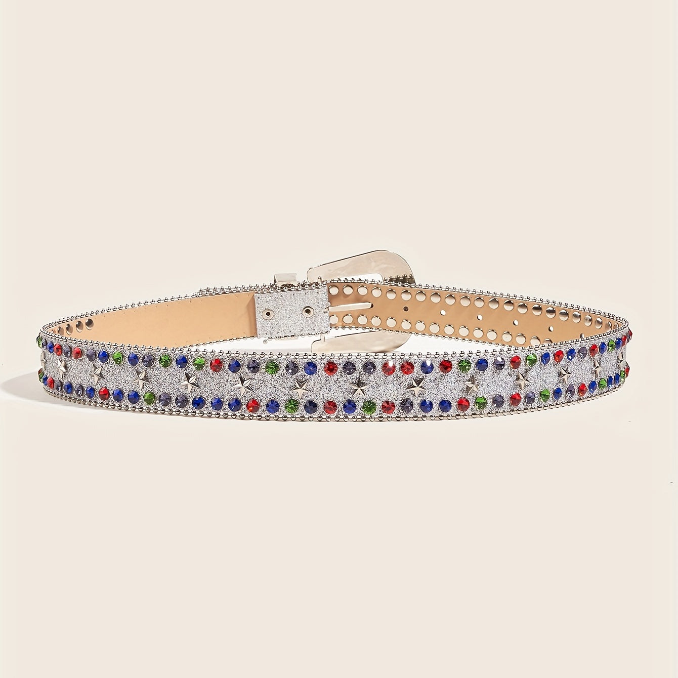 Colorful Rhinestone PU Belt Star Rivet Sparkly Beads Decor Sequin Belt