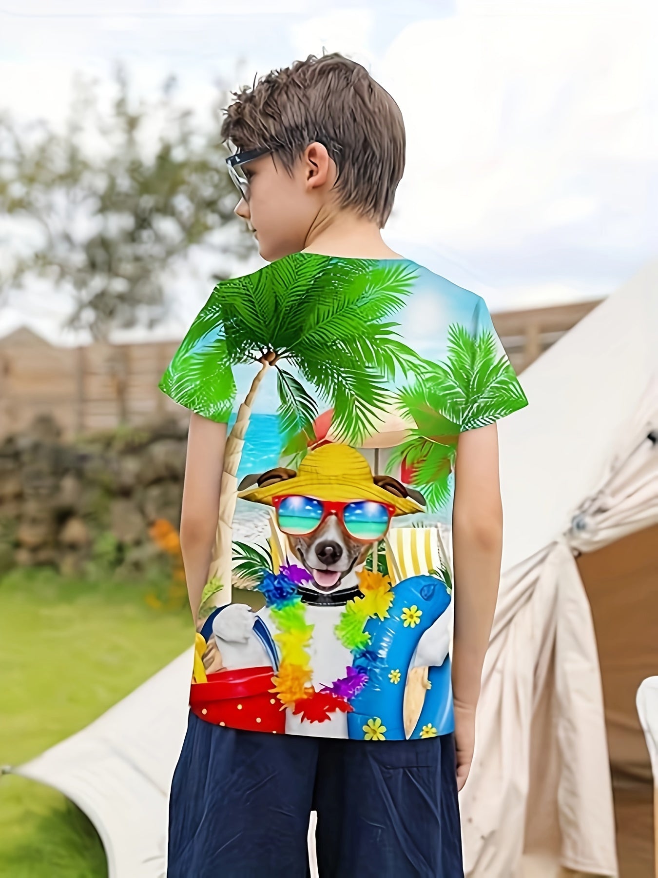 3D Hawaii Puppy Graphic Short Sleeve T shirt Loose Fit Pullover For Boys Girls
