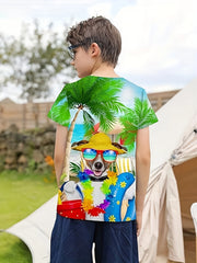 3D Hawaii Puppy Graphic Short Sleeve T shirt Loose Fit Pullover For Boys Girls