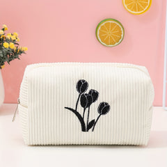Tulip Embroidery Square Makeup Bag Roomy Zipper Toiletry Bag