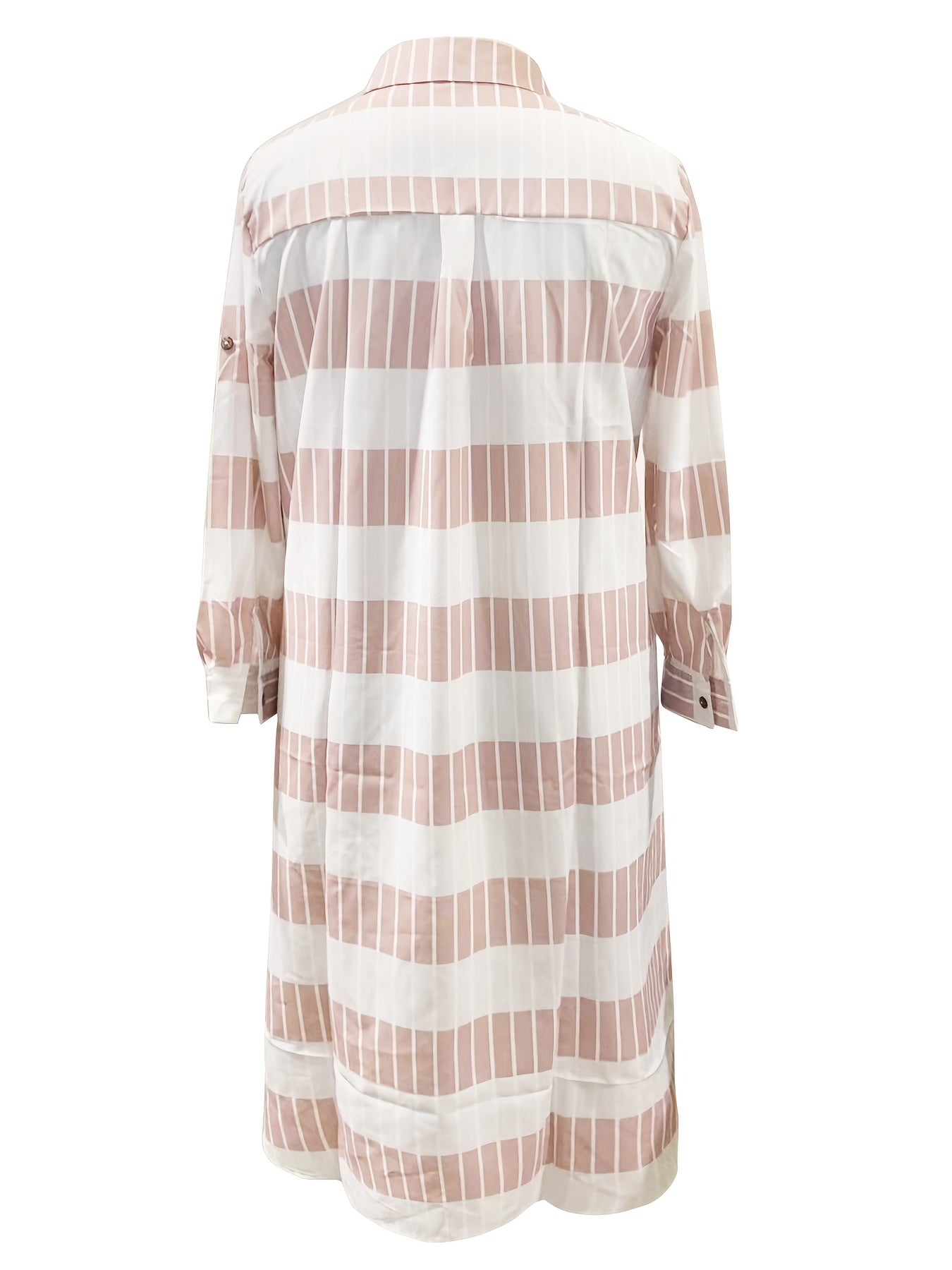  Colorblock Stripe Print Button Up Roll Sleeve Maxi Shirt Dress