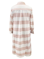  Colorblock Stripe Print Button Up Roll Sleeve Maxi Shirt Dress