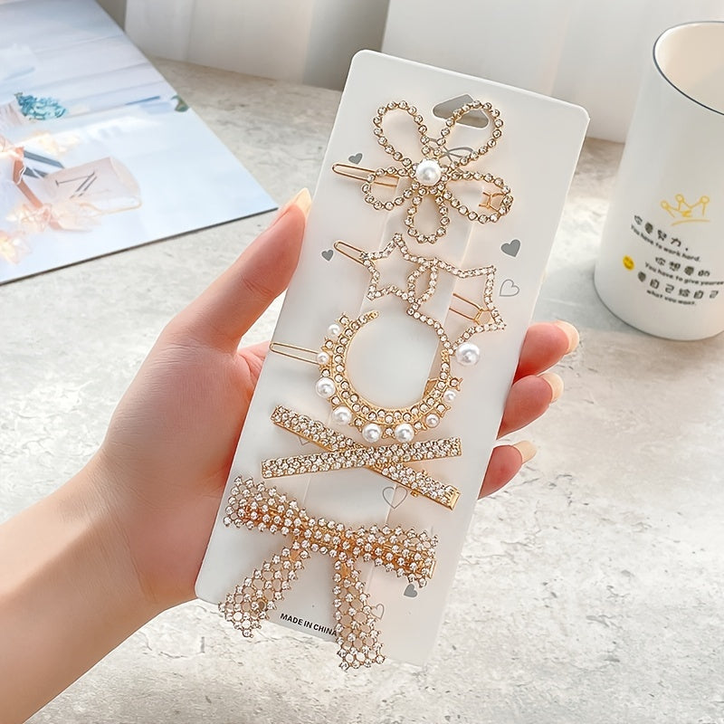 Vintage Geometric Hair Clips Set with Faux Pearl and Crystal Acrylic