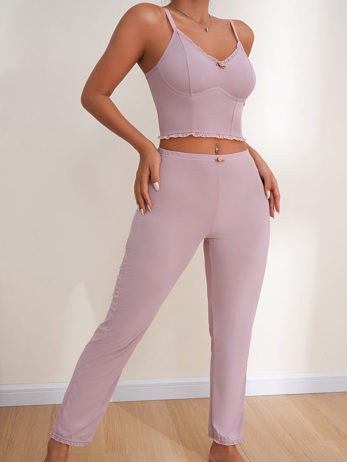 Lace Trim Pajama Set Sleeveless V Neck Cami Top & Pants