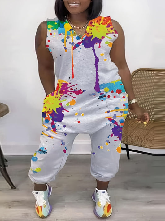  Splatter Print V Neck Tank Jumpsuit With Pockets