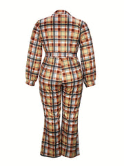  Plaid Print Lantern Sleeve Jumpsuit With Belt