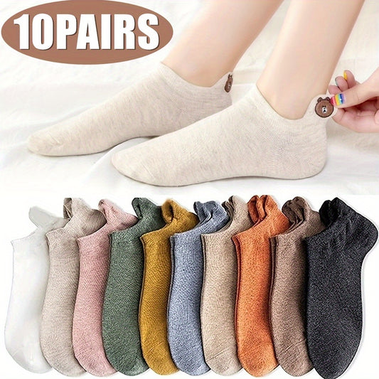 10 Pairs Soft Ankle Socks Teddy Bear Embroidered Cotton Solid Women's Stockings