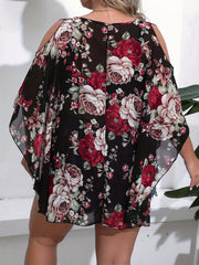  Floral Print Cold Shoulder Batwing Kimono Top