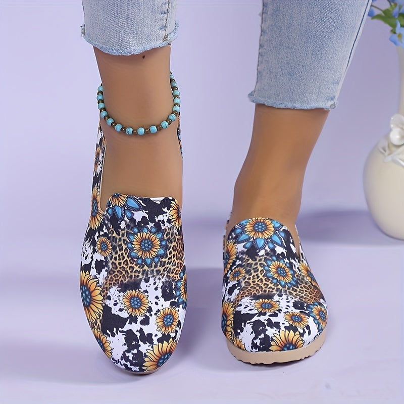 Women's Sunflower Print Flat Shoes Round Toe Slip On Shoes