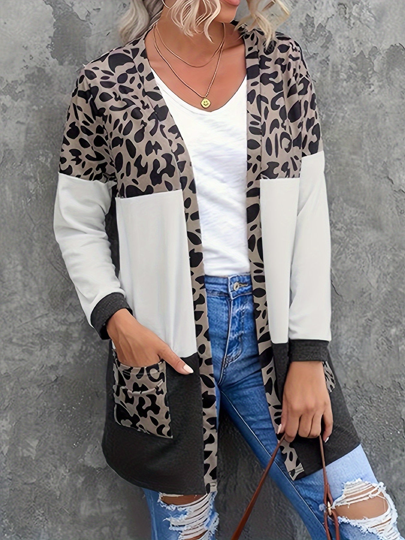  Leopard Print Open Front Cardigan with Pockets