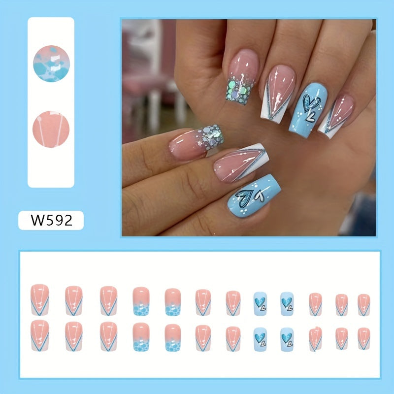24pcs Heart Press On Nails Bling Glitter Sequin Glossy Full Cover False Nails