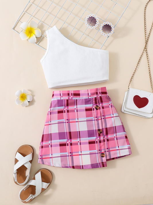 2pcs Toddler Girls Ribbed Crop Top Plaid Button Skirt Set