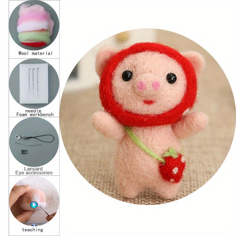 Wool Felting DIY Kit Pig With Red Strawberry Hat And Bag