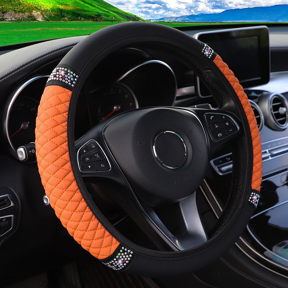 Car PU Leather Steering Wheel Cover with Artificial Diamonds