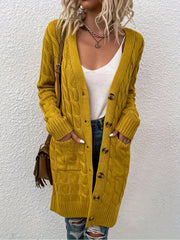  Solid Jacquard Long Cardigan With Pockets