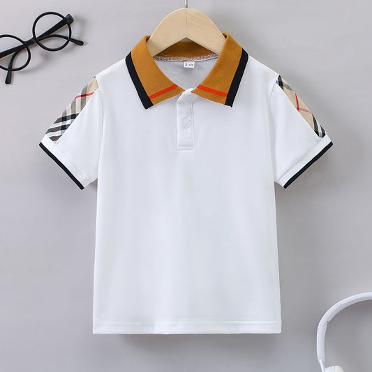 Boys Geometric Polo Shirts Short Sleeve Stretch Tops For Summer