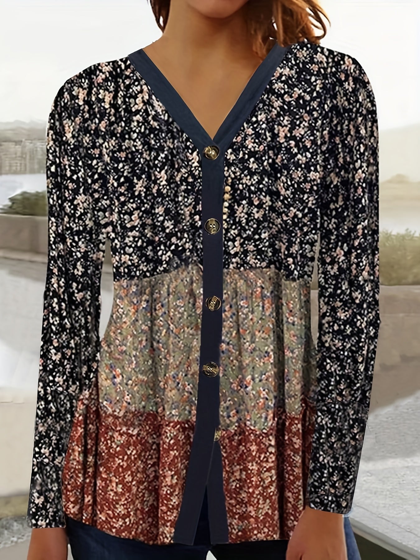  Colorblock Ditsy Print Cardigan