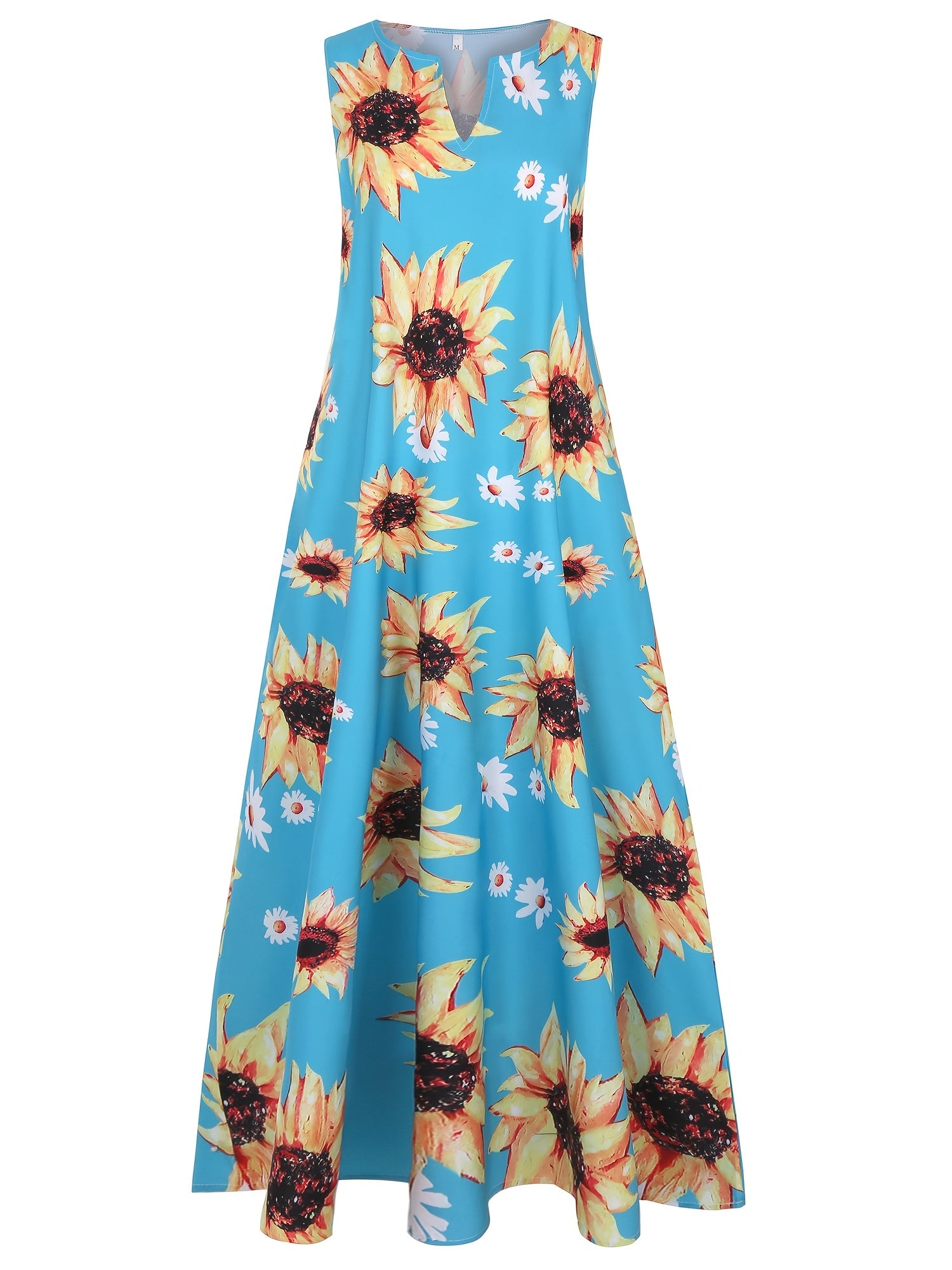  Sunflower Print Tank Maxi Dress Women's Plus Casual Long Dress