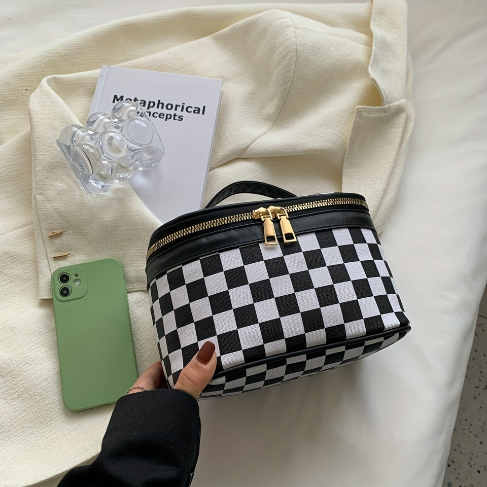 Checkered Print Cosmetic Bag Portable Travel Storage Handbags Women's Zipper Toi