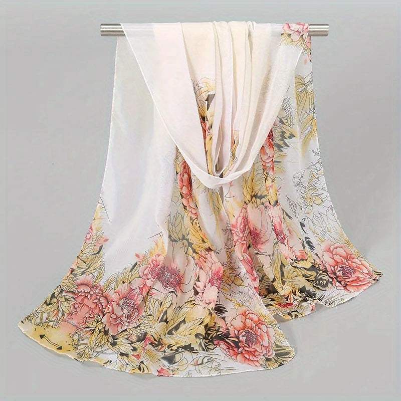 Peony Print Chiffon Scarf Gradient Silk Thin Shawl Hijab