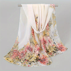 Peony Print Chiffon Scarf Gradient Silk Thin Shawl Hijab