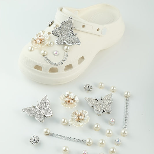 Pearl Flower Silver Butterfly Shoe Accessories Set