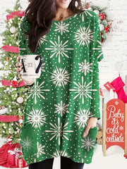  Women's Snowflake Print Long Sleeve Mini Dress With Pockets