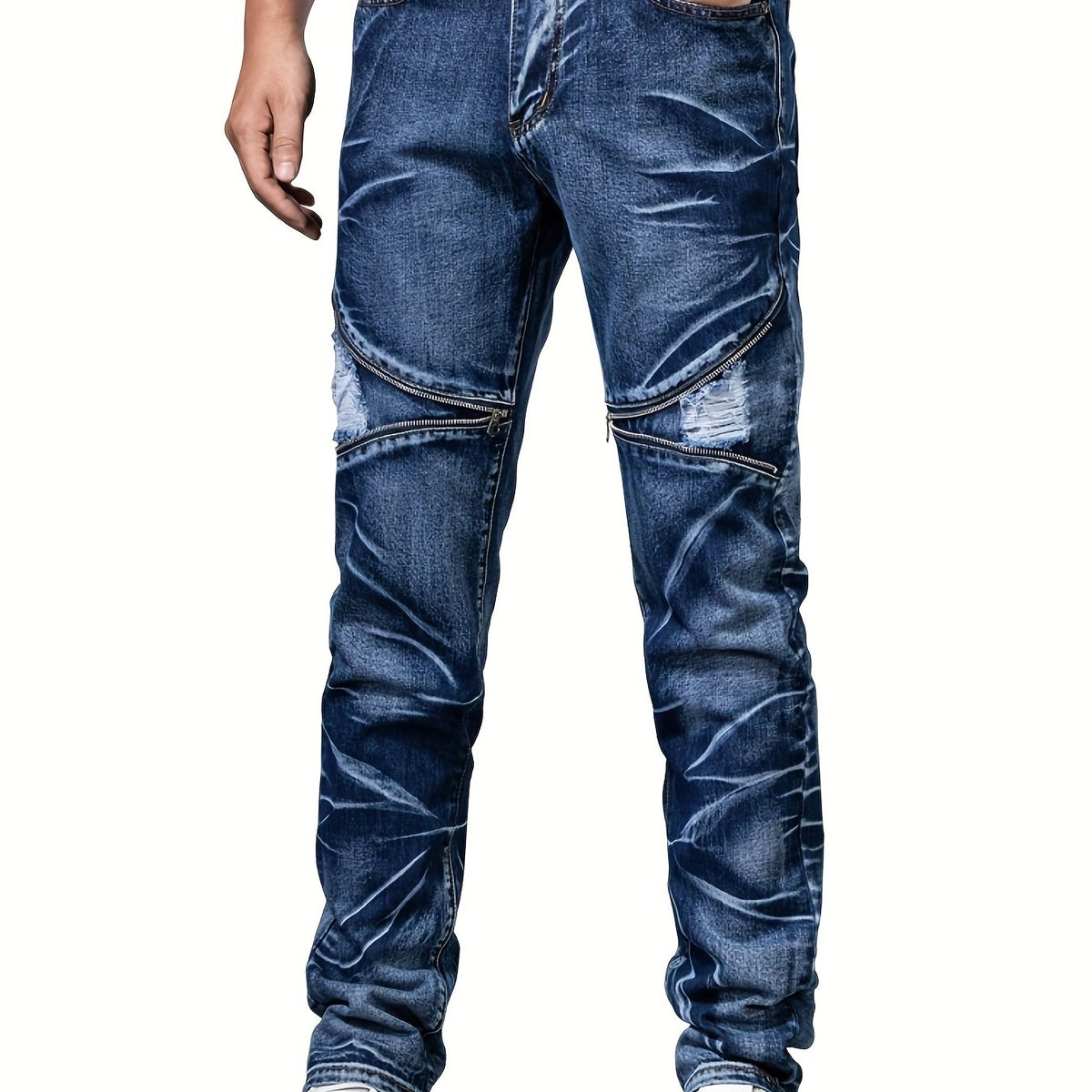 Men's Zipper Tie Dye Ripped Jeans Casual Street Style Denim Pants