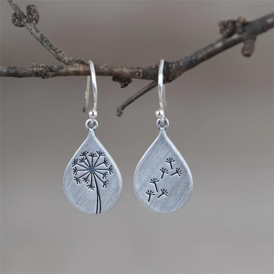 Vintage Dandelion Drop Dangle Earrings Water Drop Silver Plated Jewelry