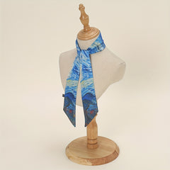 Oil Painting Print Skinny Scarf Satin Hair Ribbon Silk Neckerchief