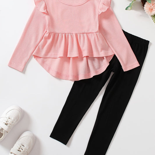 Girl's Ribbed Peplum Top & Leggings Set For Spring Fall