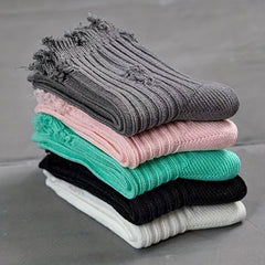 5 Pairs Ripped Solid Socks Women's Mid Tube Stockings