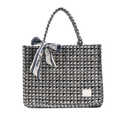 Tweed Plaid Tote Bag with Twilly Scarf Large Capacity
