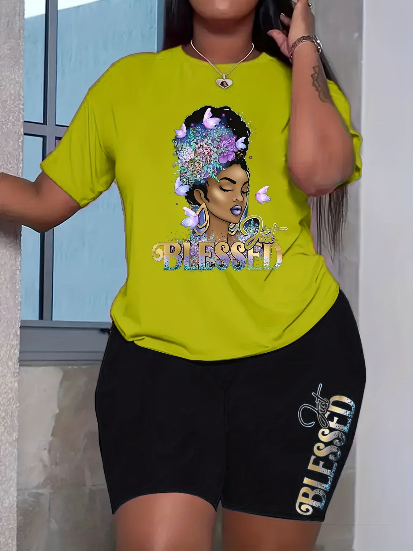 Blessed Girl Print 2 Pieces Set Crew Neck Short Sleeve T-shirt & Bodycon Shorts