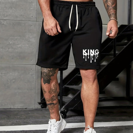 King Print Men's Shorts Casual Loose Elastic Waist Drawstring Shorts