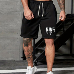 King Print Men's Shorts Casual Loose Elastic Waist Drawstring Shorts
