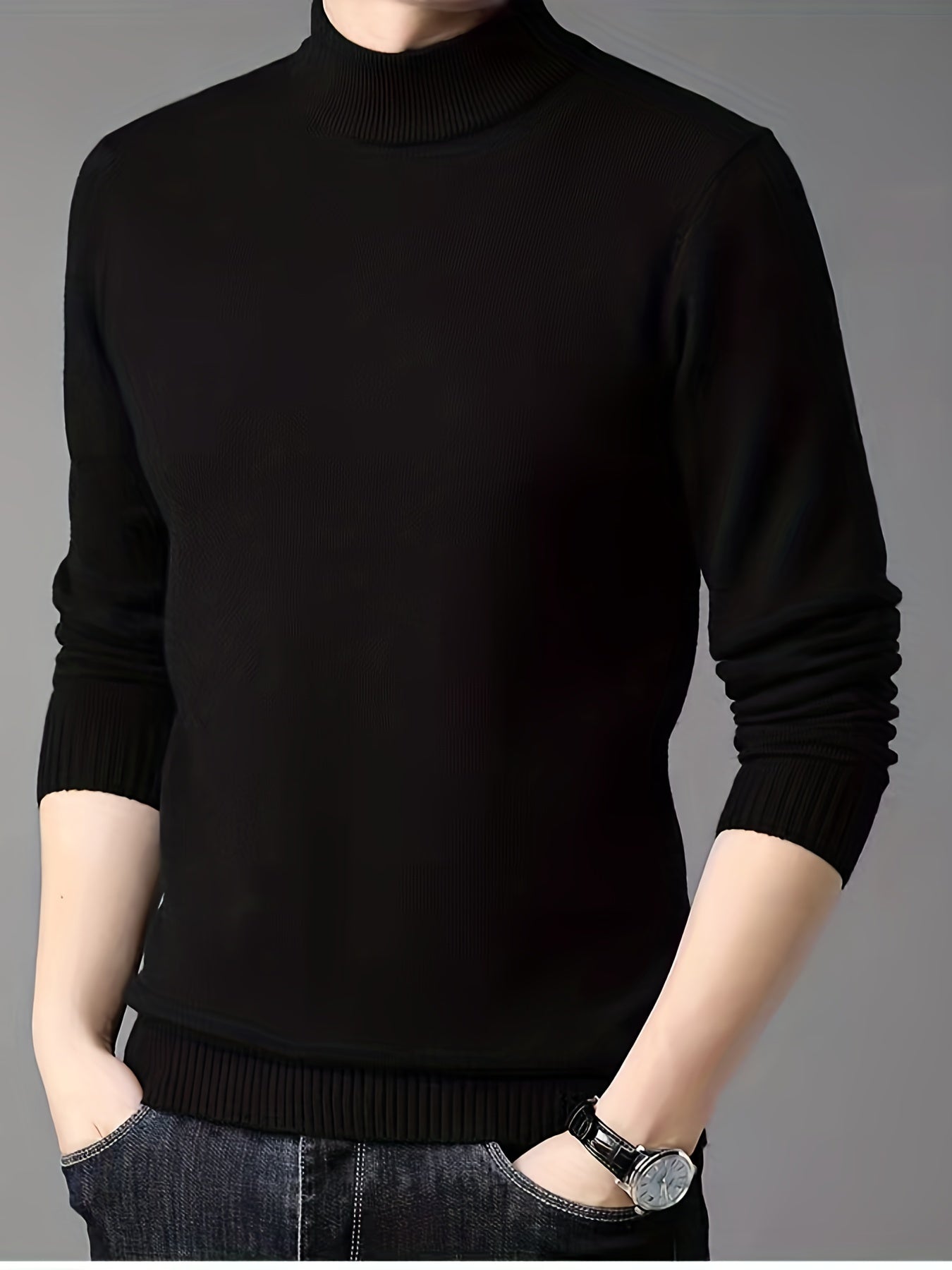 Men's Casual High Neck Knitted Sweater, Warm Wool Long Sleeve Pullover