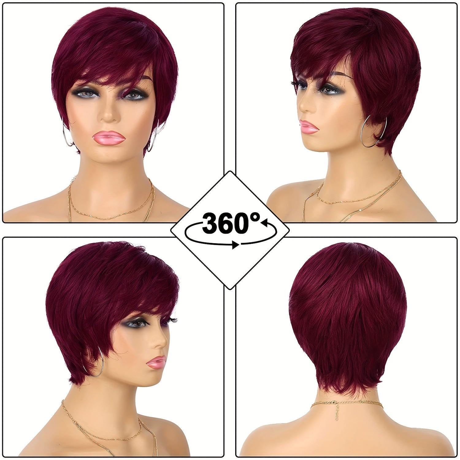 Burgundy Short Pixie Cut Human Hair Wigs For Women