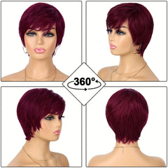 Burgundy Short Pixie Cut Human Hair Wigs For Women