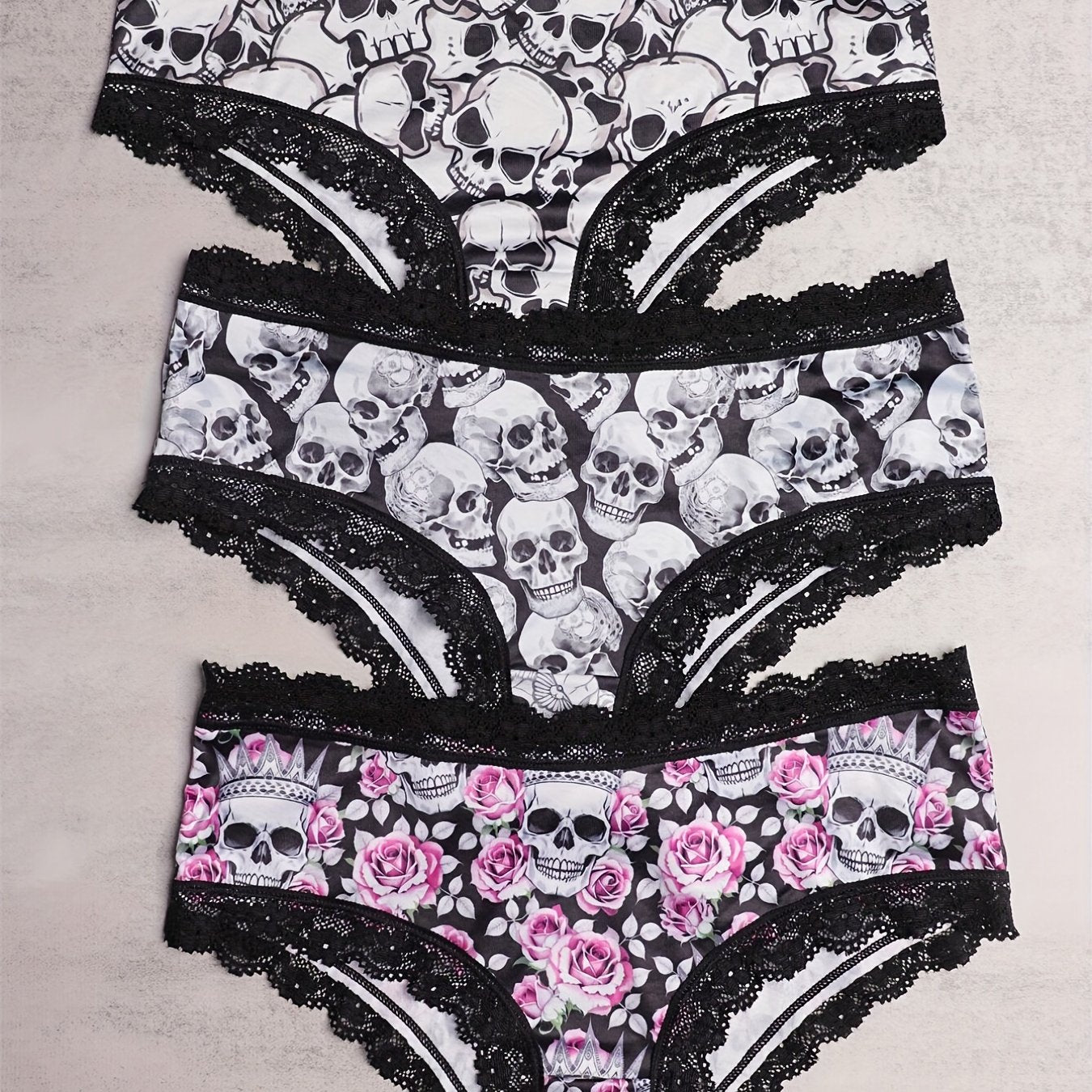 3pcs Lace Hipster Panties Skull Print Intimates Women's Underwear