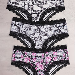 3pcs Lace Hipster Panties Skull Print Intimates Women's Underwear