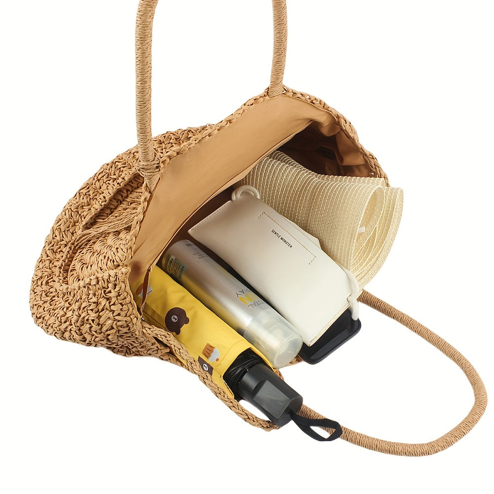 Round Straw Beach Bag Woven Boho Style Tote Bag