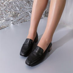 Women's Square Toe Chunky High Heels Solid Slip On Stacked Heels Pumps