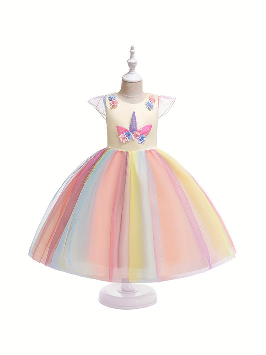 Girls Unicorn Mesh Princess Dress Formal Party Dress