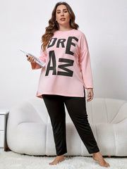  Lounge Set Women's Plus Letter Print Long Sleeve Tee & Pants