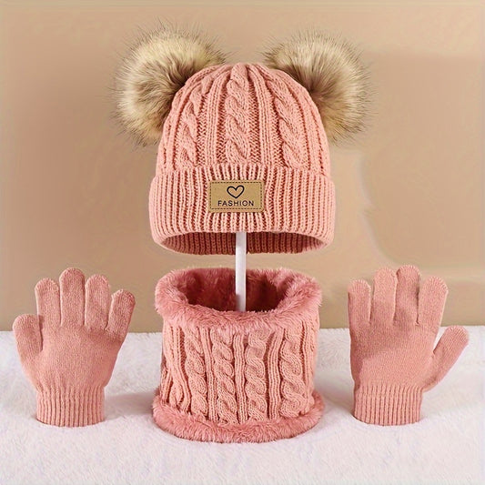 Winter Fur Ball Beanie Scarf Gloves Set