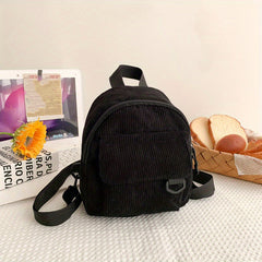 Women's Mini Corduroy Backpack Solid School Bag 9x6x7 Inches