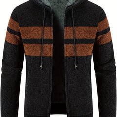 Men's Striped Pattern Hooded Cardigan with Teddy Lining