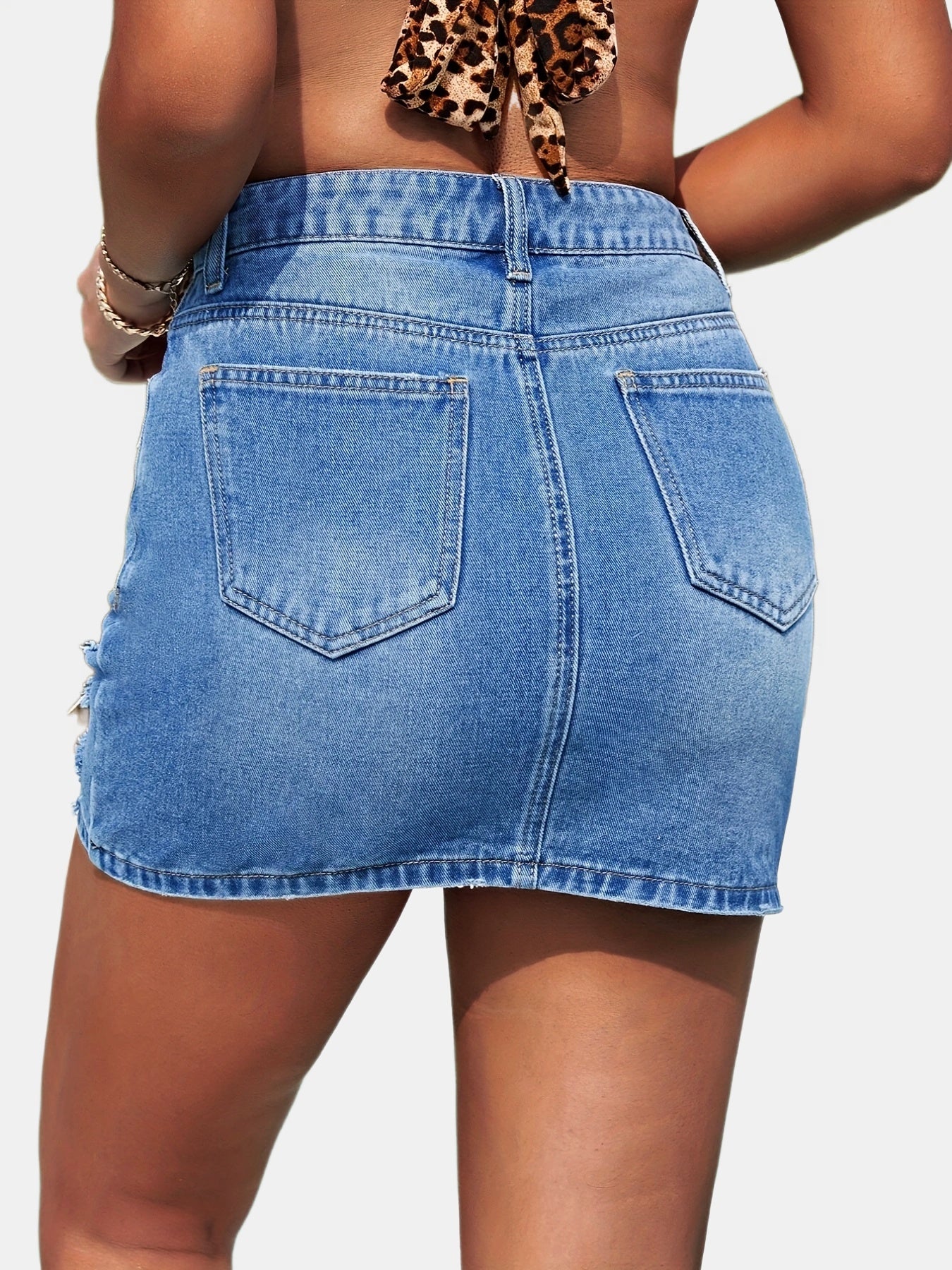 Ripped Water Ripple Embossed Crotch Denim Skirt