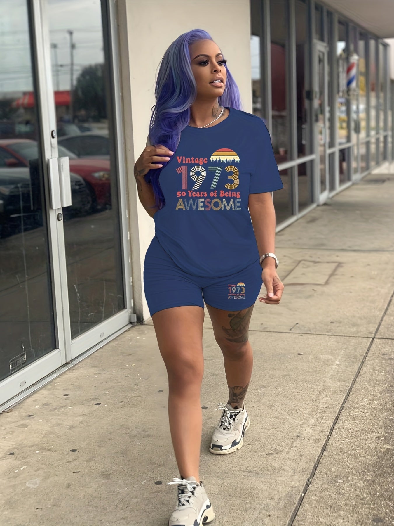 1973 Print Two-piece Set Crew Neck Tee & Slim Shorts Outfit Women's Clothing